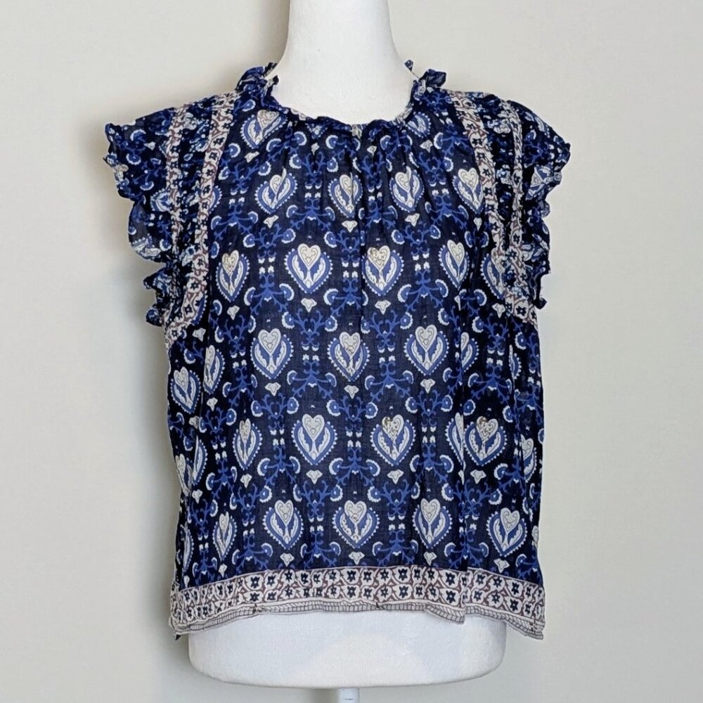 SEA NEW YORK Women's Cap Ruffle Sleeve Blouse Top  Size M  Blue Multi Print NWOT